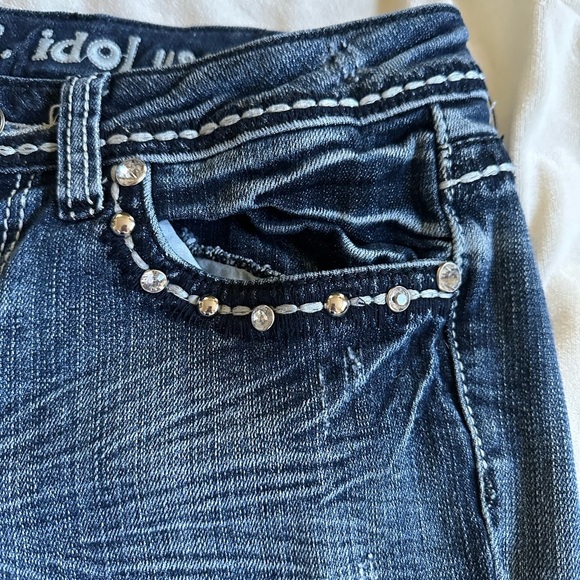 LA Idol Jeans Size 7 Blue Bootcut Bling Low Rise Whiskered Denim Pants 26” W - Picture 4 of 7